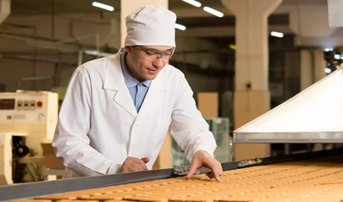 Factory worker inspecting food items on conveyer belt